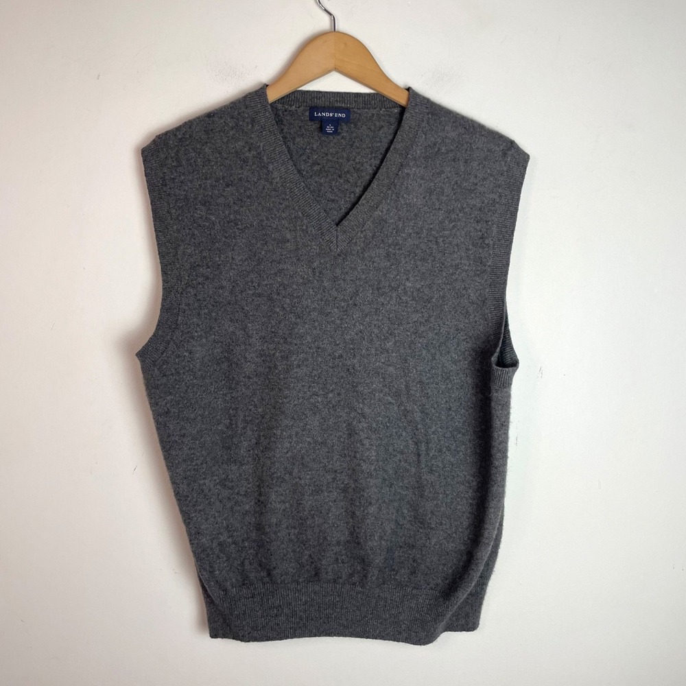 Lands End Cashmere V-Neck Sweater Vest GrayLarge 42-44 Quiet Luxury Minimalist